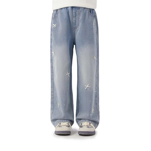 Baggy Jeans for Girls Rhinestone Bows Wide Leg Pants Adjustable Waist Pockets Cute Jeans for Girls Teen Kids Washed