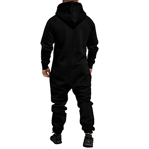 WUAI Onesie Men's Hooded Jumpsuit Zip Up One Piece Pajamas Playsuit Jogger Sweatsuit Overall Romper Black3
