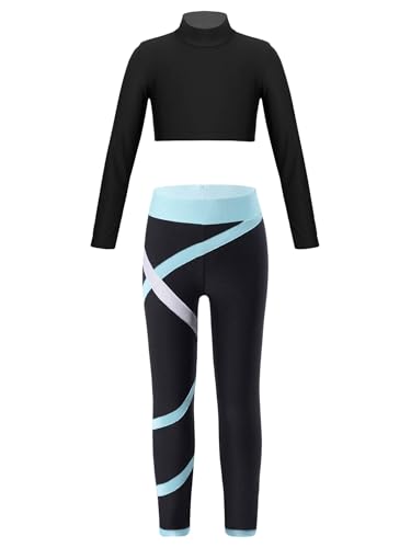easyforever Kids Girls Long Sleeves Crop Tops And Athletic Leggings Gymnastics Workout Outfits Stylish Dance Clothes Set Light Blue 6 Years