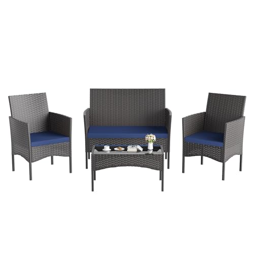 Kullavik 4 Pieces Outdoor Patio Furniture Set,PE Wicker Rattan Chairs Garden Conversation Sets with Tempered Glass Table and Soft Cushions for Lawn,Pool or Backyard,Navy Blue