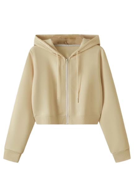 Image of Solid Long Hooded Neck Hoodie Zipper Crop Jacket for Women's