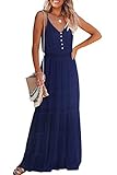 PRETTYGARDEN Women's Casual Summer Dress Spaghetti Strap Sleeveless High Waist Beach Long Maxi Sun Dresses (Navy,X-Large)
