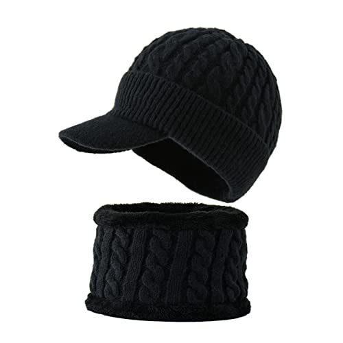 XIAOHAWANG Winter Men Hat Knit Cable Visor Beanie with Fleece Lining Patchwork Stripe Newsboy Cap with Brim for Outdoor Sport, N-black, One size