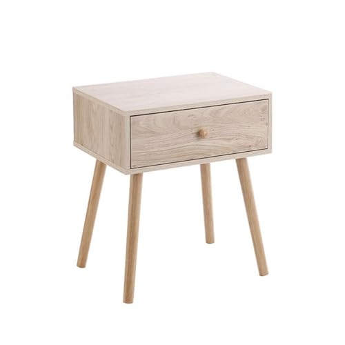 INDE MOBLEKIT | Mesita de Noche Madera Natural con 1 Cajón, 40x30x47 cm, Mesilla Estilo Nórdico para Dormitorio, Mesa Auxiliar Compacta, Mesitas de Noche Madera con Patas de Madera Clara