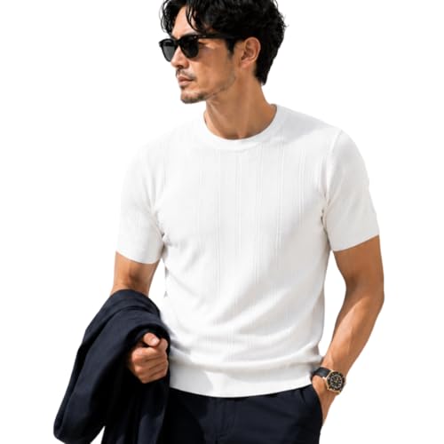 [BASIN] メンズ 半袖ニット サマーニット ニットTシャツ リブニット クルーネック ビジカジ きれいめ スリム クールビズ 春夏 白 ホワイト Lの商品画像（Amazon）