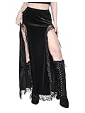WDIRARA Women's Thigh Slit Lace Trim Gothic Skirts Y2K Velvet Maxi Skirt Black Medium