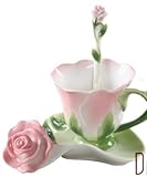 Juego de Taza y platillo de cerámica esmaltada con Forma de Rosa en 3D, Ideal para café, té y Agua, San Valentín, Boda o inauguración de la casa (3 Unidades)