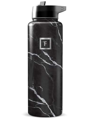 Image of IRON FLASK Camping & Hiking Hydration Flask with Straw, Wide Mouth Insulated Stainless Steel Sports Water Bottle - Black Marquina 40 oz - Straw (1 Lid)