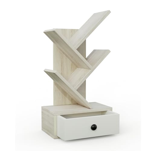 Estantería en forma de árbol con 5 niveles y cajón, versátil soporte para CD y DVD, para habitación de niños, estudio y oficina, solución de almacenamiento elegante, 30 x 17,5 x 60 cm (beige)