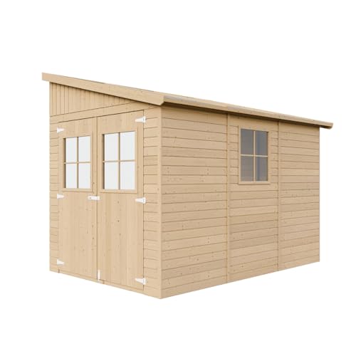 Abri de Jardin en Bois Naturel (sans paroi latérale)- Stockage extérieur avec fenêtres- H243x216x318 cm/6 m2, Hangar en Bois Naturel - Atelier Rangement Outils et...