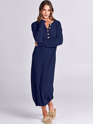 Image of ANRABESS Women Long Sleeve Button V Neck Oversized Casual Loose Fit Waffle Knit Fall Midi Sweater Dress 2026 Trendy Outfits