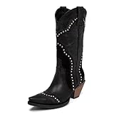 Agodor Black Cowboy Boots For Women Cowgirl Ladies Mid Calf Boots with Classic Studded, Pointed Toe Chunky Heel Pull On Fashion Dress Wedding Western Booties US8