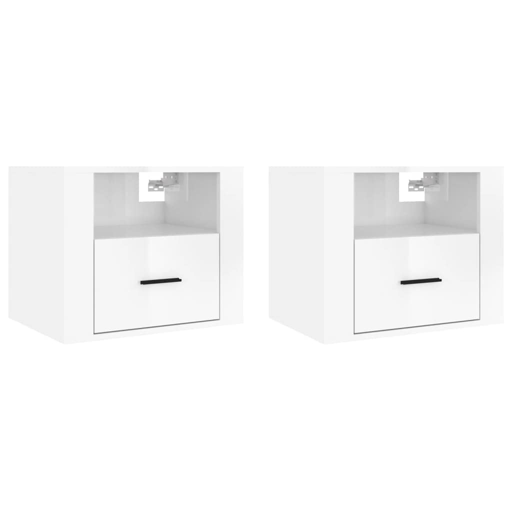 YUANCHUTOP Set of 2 Floating Bedside Tables with Drawer and Shelf, 2 Tier Bedside Cabinet, Nightstand Organiser Wall-mounted, Small Bedroom Furniture, 50x36x40 cm, White High Gloss