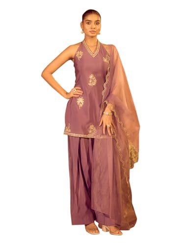Image of FIORRA Women's Lavender Viscose Chanderi Embroidered Ethnic Straight Kurta Set with Dupatta