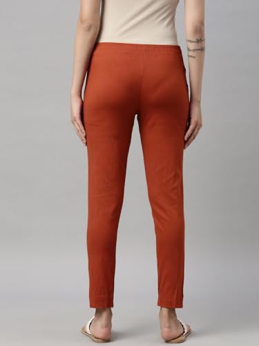 Image of MINELLI Women Solid Cigar Pants, Cotton Lycra Slub Fabric, Elasticated Waistband, Pull On Style, Regular Fit Bottom Wear for Western and Ethnic Wear