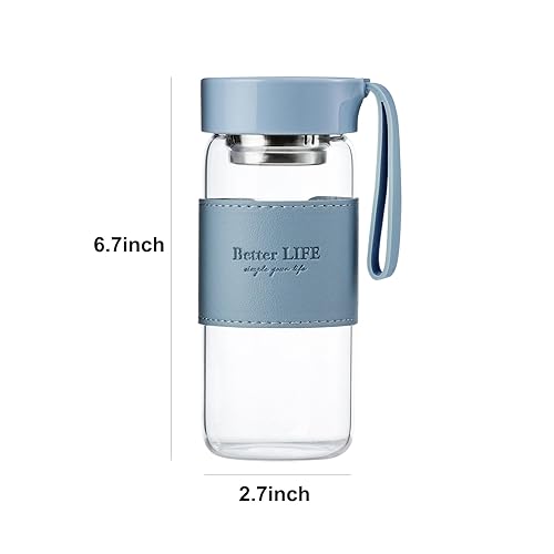 Glass tea bottle 16 oz drinking bottle with Non-Slip holster, and Stainless Tea Infuser,Leak Proof Lid,Portable glass water bottle for school, office, car home,as a gift, etc (Blue) - Image 3