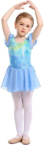 MdnMd Girls Ruffle Sleeve Dance Dress Leotards Blue Green Ballet Athletic Dress Outfit Tutu for Ballerina (G3-Blue, Age 6-8, Blue)