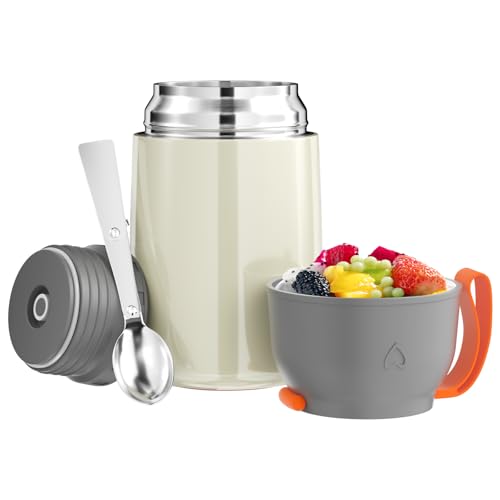 Noxtioanip Termos per Alimenti 650ml, Contenitore Termico per Alimenti Caldi, Portavivande Termico Acciaio Inossidabile con Cucchiaio Pieghevole, Isotermico Sottovuoto(Bianco)