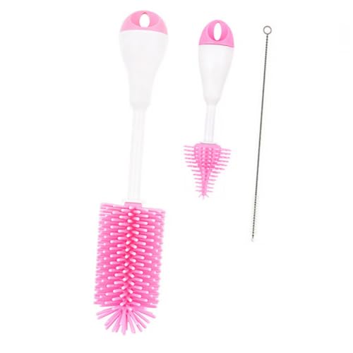 Toddmomy Juego de 3 Cepillos de Silicona para Limpiar Biberones y Tetinas Cepillo Limpiador 360° Giratorio para Bebés Color Rosa Mango Largo Adecuado para Botellas Altas y Estrechas
