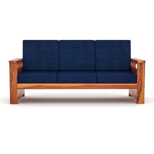 Image of Sheesham Wooden 7 Seater Sofa for Living Room | Rosewood 7 Seater Cushion Sofa Side Half Moon Rack | Solid Wood Sofa Set for Lounge (-3+2+2,Honey Finish)