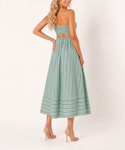 Image of chouyatou Women's Striped Back Smocked Maxi Dress Sexy Spaghetti Strap Cut Out Flowy Swing Long Dress