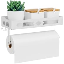 White Paper Towel Holder Wall Mount with Shelf - Adhesive Hand Towel Rack, Space-Saving for Bathroom, Kitchen, RV Camper