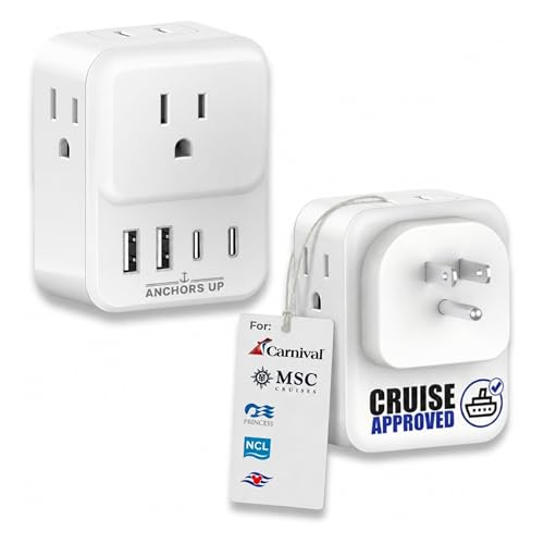 Cruise Approved US Plug Extender for Cruise Ships – Non Surge Multi Plug Adapter with 4 Outlets, 2 USB & 2 USB-C Ports – Cruise Essential for Carnival, NCL, Princess, DCL, MSC – Cruise Essentials