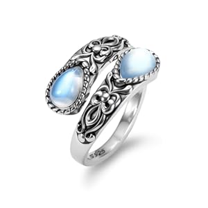 Sterling Silver Adjustable Vintage Moonstone Ring for Women – Dainty Boho Stackable Opal Mood Rings, Anxiety Relief Gift for Her