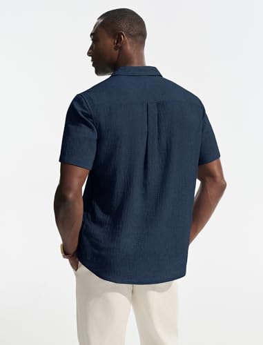 PJ PAUL JONES Men's Short Sleeve Button Down Shirt Casual Linen Summer Beach Wedding Dress Shirt Dark Blue — view 6