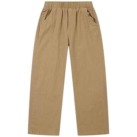 CUNYI Boys Dress Pants Kids Pull-on Cotton Slacks School Uniform with Elastic Waist, Khaki 130 Cover
