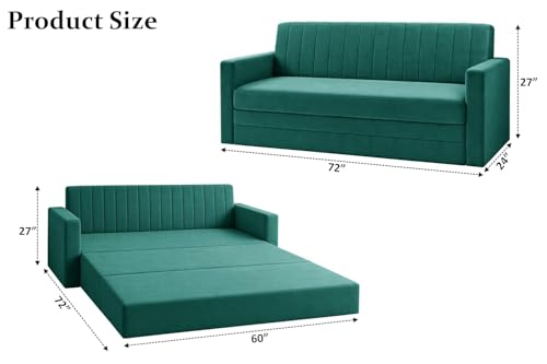 Image of Modern Velvet 3 Seater Sofa Cum Bed with Armrest, Convertible Sleeper Couch Sofa for Living Room, Bedroom & Office - Green Color