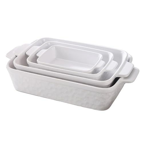 CACXKEP Ceramic Baking Dish with Handles, Stone Texture Rectangular Casserole Dish, Deep Baking Pan for Oven, Stoneware Bakeware for Lasagna/Pie/Cake, Rustic Kitchen Cookware,4 Set