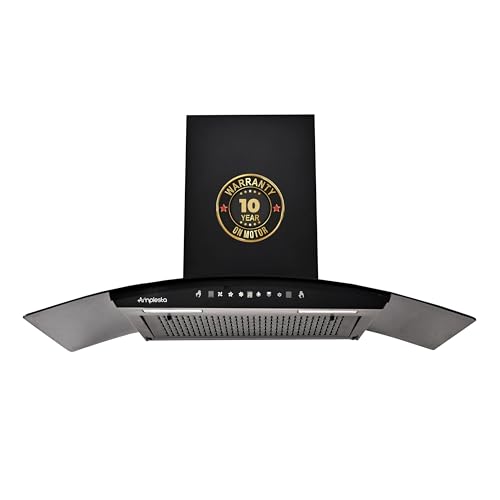 Amplesta Stella 90CM Chimney for Kitchen Auto Cleaning 1350 m3/hr Curved Wall Mounted Kitchen Chimney for Home, Filterless Two Way Suction Auto Clean, Touch & Gesture Control (Stella MS A C FL 90 BK)