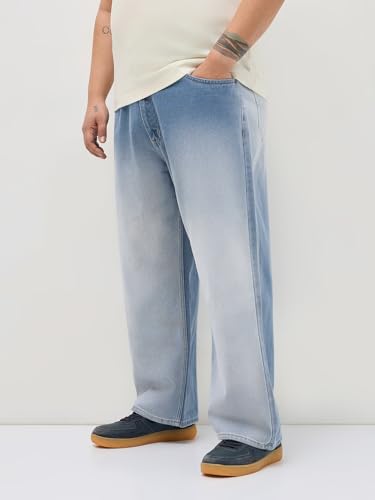 Image of Urbano Plus Men's Loose Baggy Fit Heavy Washed Faded Denim Jeans Non-Stretchable