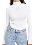 Totatuit Camiseta Mujer Cuello Alto Manga Larga Ajustada Suave Elástica Moda Básica Otoño Invierno Blanco，L