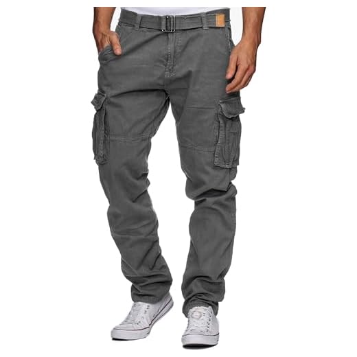 Indicode Herren William Cargohose aus Baumwolle m. 7 Taschen inkl. Gürtel | Outdoorhose Iron, L