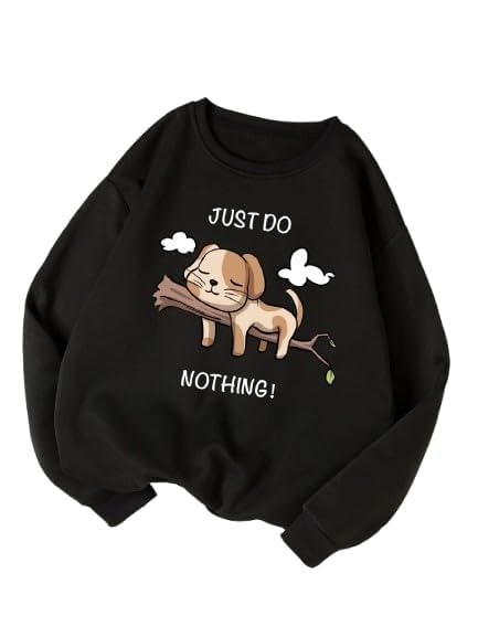 Women's Trendy Printed Fleece Sweatshirt, Just Do Nothing Dog Graphic, Black, Winter Wear-picture-37