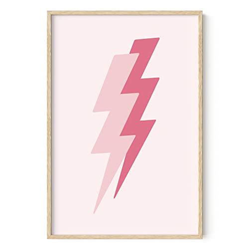 HAUS AND HUES Duo Pink Lightning Poster Lightning Bolt Poster for Trendy Pink Room Decor Aesthetic, Dorm Posters for College Girls Wall Prints Aesthetic (Beige Framed 24” x 36”)