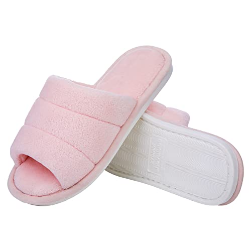 Shevalues Unisex Terry Cloth Open Toe Slippers Memory Foam Silp On House Slippers, Pink 7.5-8.5 Women/6-7 Men #TOP1