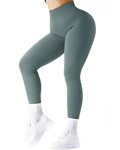 Suuksess Women Ribbed Seamless Leggings High Waisted Tummy Control Workout Yoga Pants (Light Green, M) #TOP2