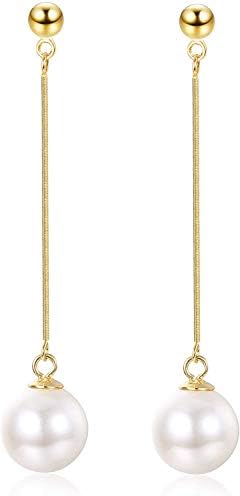 Sllaiss Gold Pearl Drop Earrings 925 Sterling Silver Dangle Earrings for Women 14K Gold Plated Earrings Long Earrings Snake Bone Chain