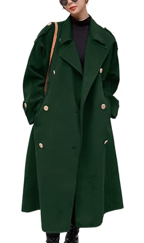 chouyatou Women's Winter Double Breasted Midi Long Wool Pea Coat Notch Lapel Winter Trench Coat (X-Large, Green)