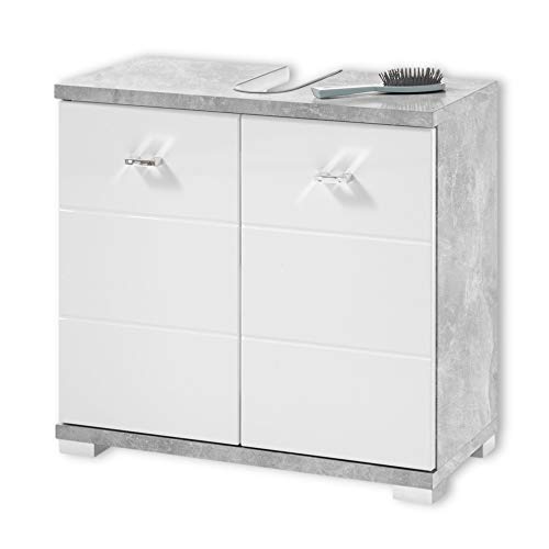 Stella Trading Badezimmer Waschbeckenunterschrank in Beton Optik, Weiß - Moderner Bad Unterschrank Badezimmerschrank mit viel Stauraum - 60 x 52 x 30 cm (B/H/T)