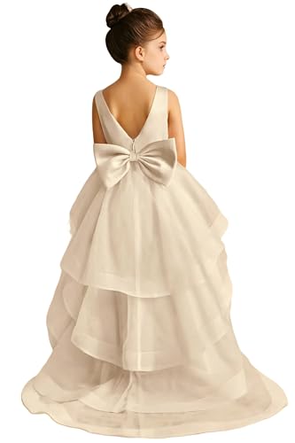 Tulle Flower Girl Dress with Bow V Backless First Communion Dress with Detachable Train Ball Gown Party Dress with Belt