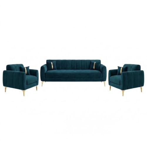 Image of Hermione Luxe Velvet-Suede Fabric 3 Seater + 1 Seater + 1 Seater Sofa Set | Golden Legs | Comfortable & Spacious Seating | Modern Sofa Set for Living Room - Green Teal