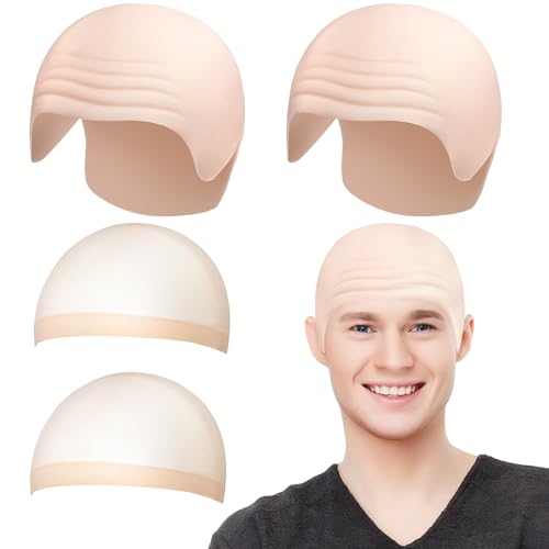 2 Stück Glatzenkappe Silikon für Erwachsene, Silikon Glatze Perücke mit 2 Perückenmützen, Realistische Bald Cap Set, Wiederverwendbare Glatze Kostüm Herren für Party, Cosplay, Theater, Film