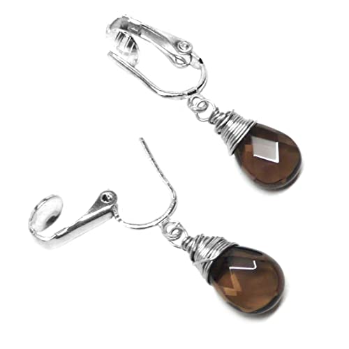 Smoky Quartz Briolette Silver-Tone Copper Gunmetal Brass Clip On Non-Pierced Earrings Wire-Wrapped #TOP1