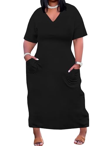 Image of SUZONANA Women Casual T-Shirt Dress V Neck Short Sleeve Solid Color Oversize Dress with Front Two Pockets