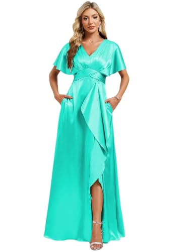Image of Elegant Satin Bridesmaid Dress with Sleeves Ruffles High Silt Formal Dresses Long for Women Fall DIN022