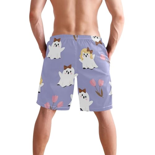 Men's Swim Trunks Quick Dry Swimming Shorts with Pocket Cute Ghosts with Flowers Pattern Swimsuit Trunks2